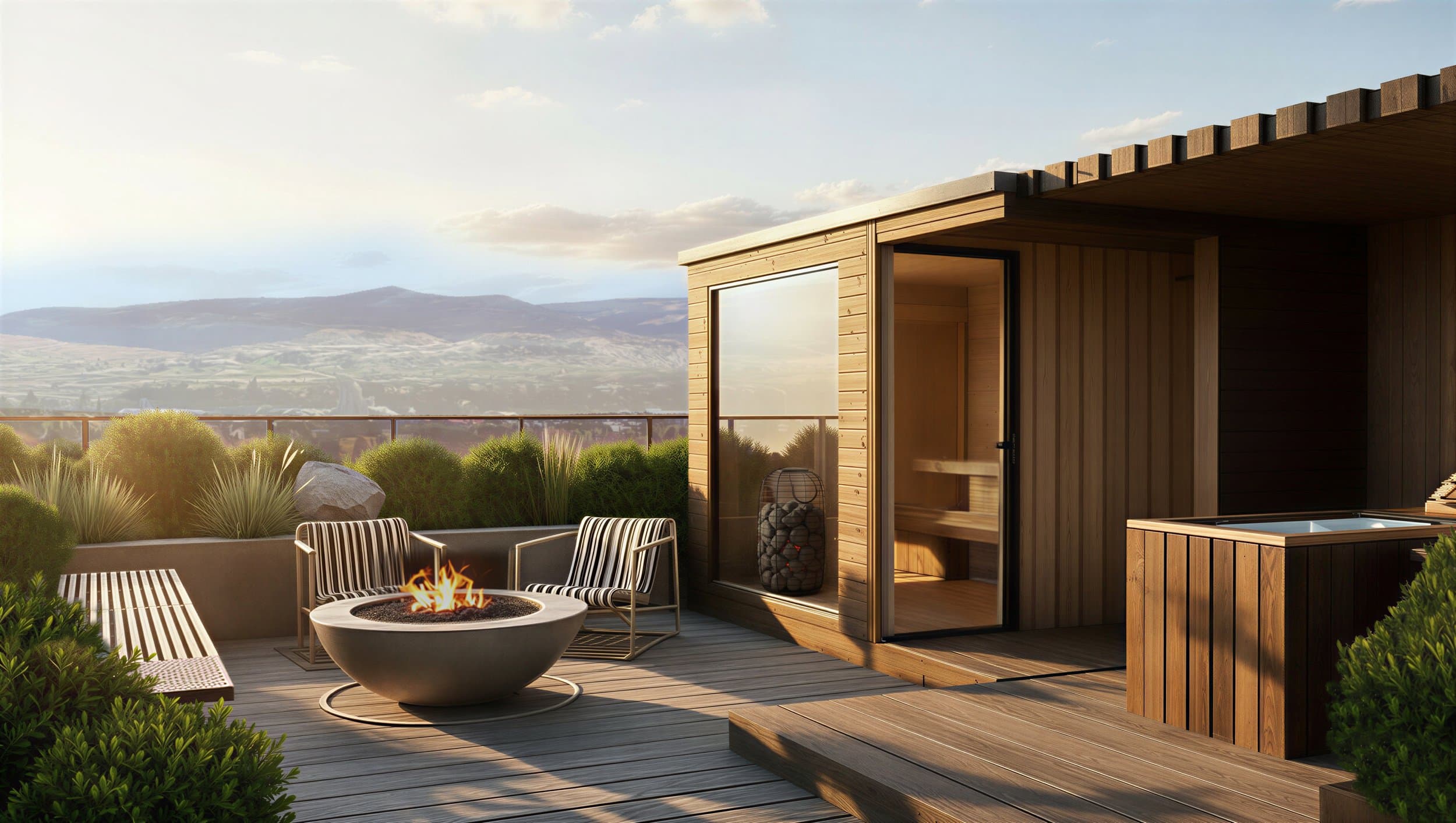 Rooftop sauna, cold plunge, and fire-pit lounge wellness area at Serenity Kelowna