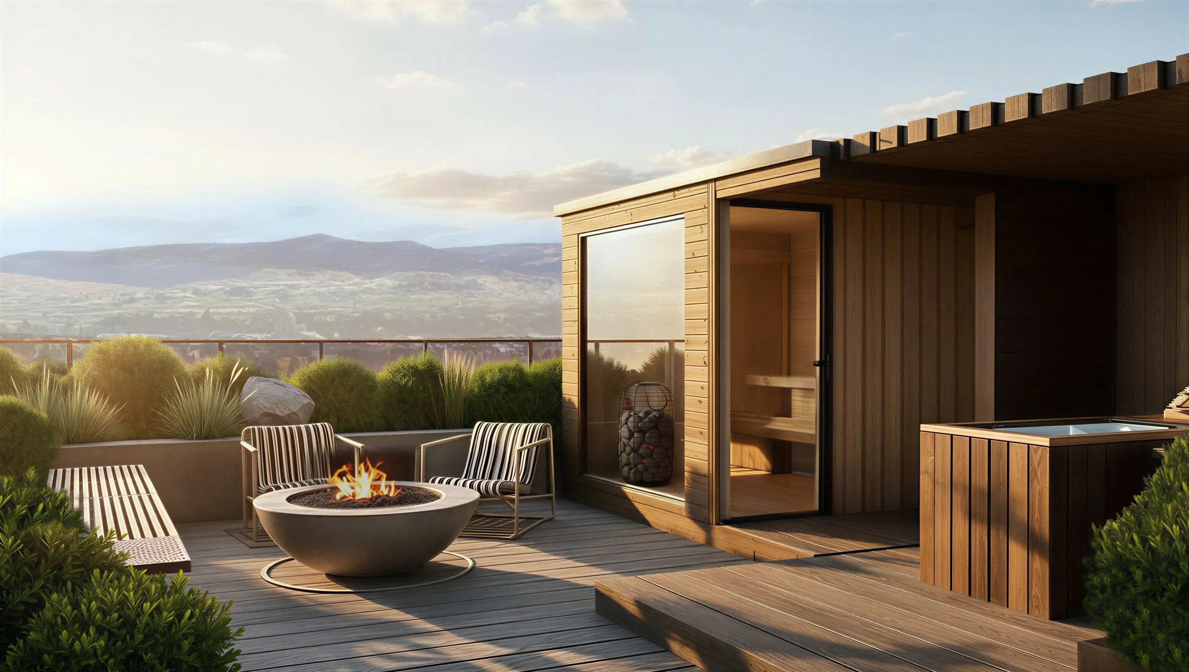 Rooftop sauna, cold plunge, and fire-pit lounge wellness area at Serenity Kelowna