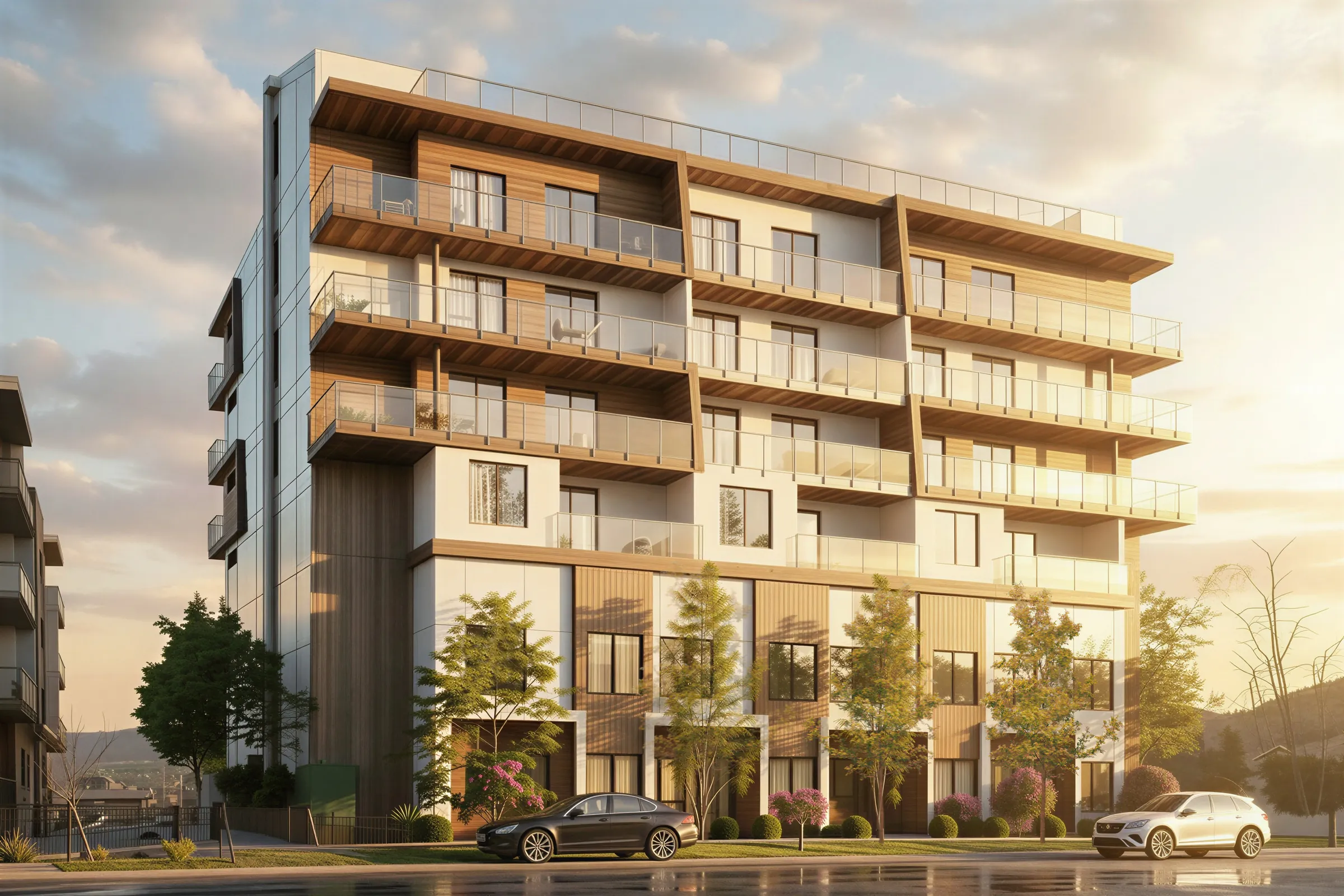 Serenity Kelowna — the Gordon Drive elevation at dusk