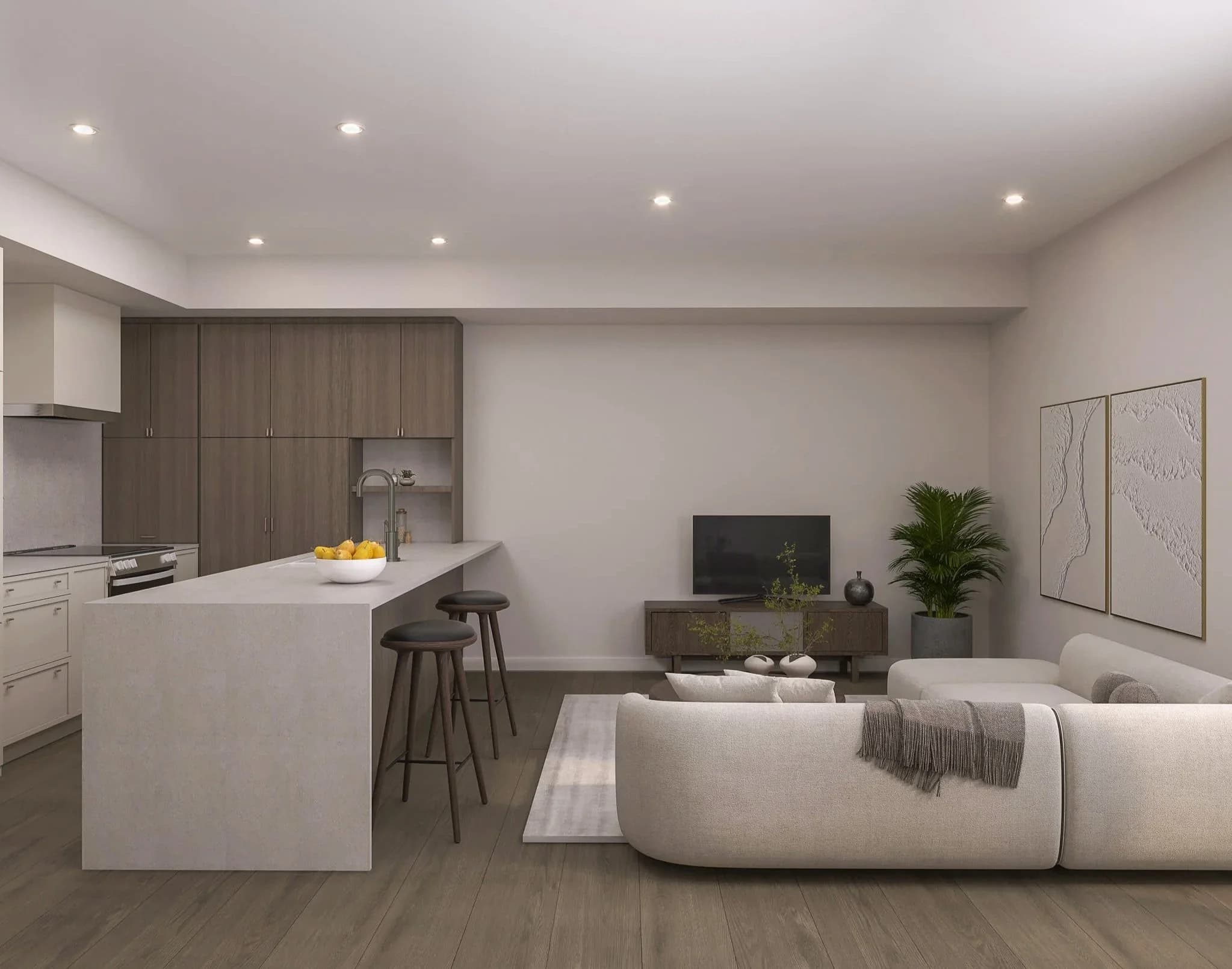 Serenity Kelowna interior — living room with full-height glass and a calm natural palette