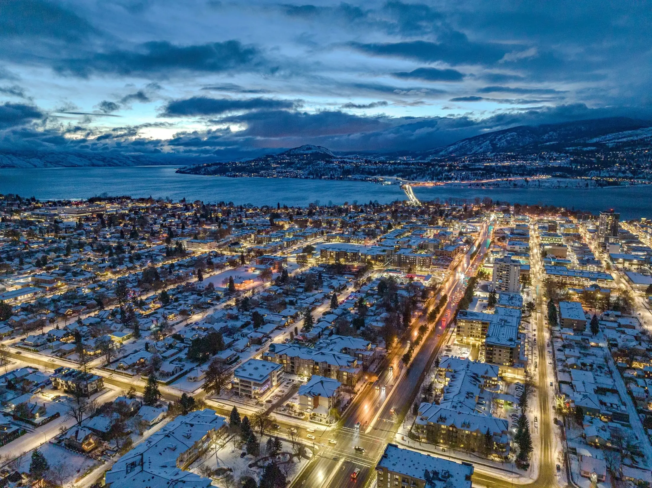 Aerial view across Kelowna’s North End toward Okanagan Lake