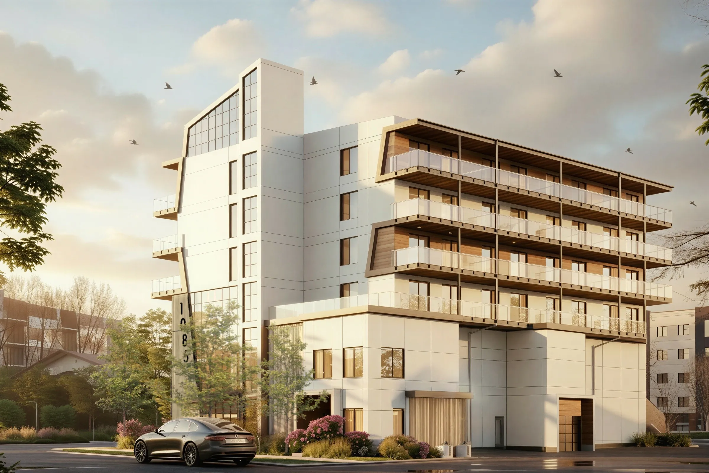 Serenity at 1085 Martin Avenue — the Martin Avenue frontage and 1085 stair fin at golden hour