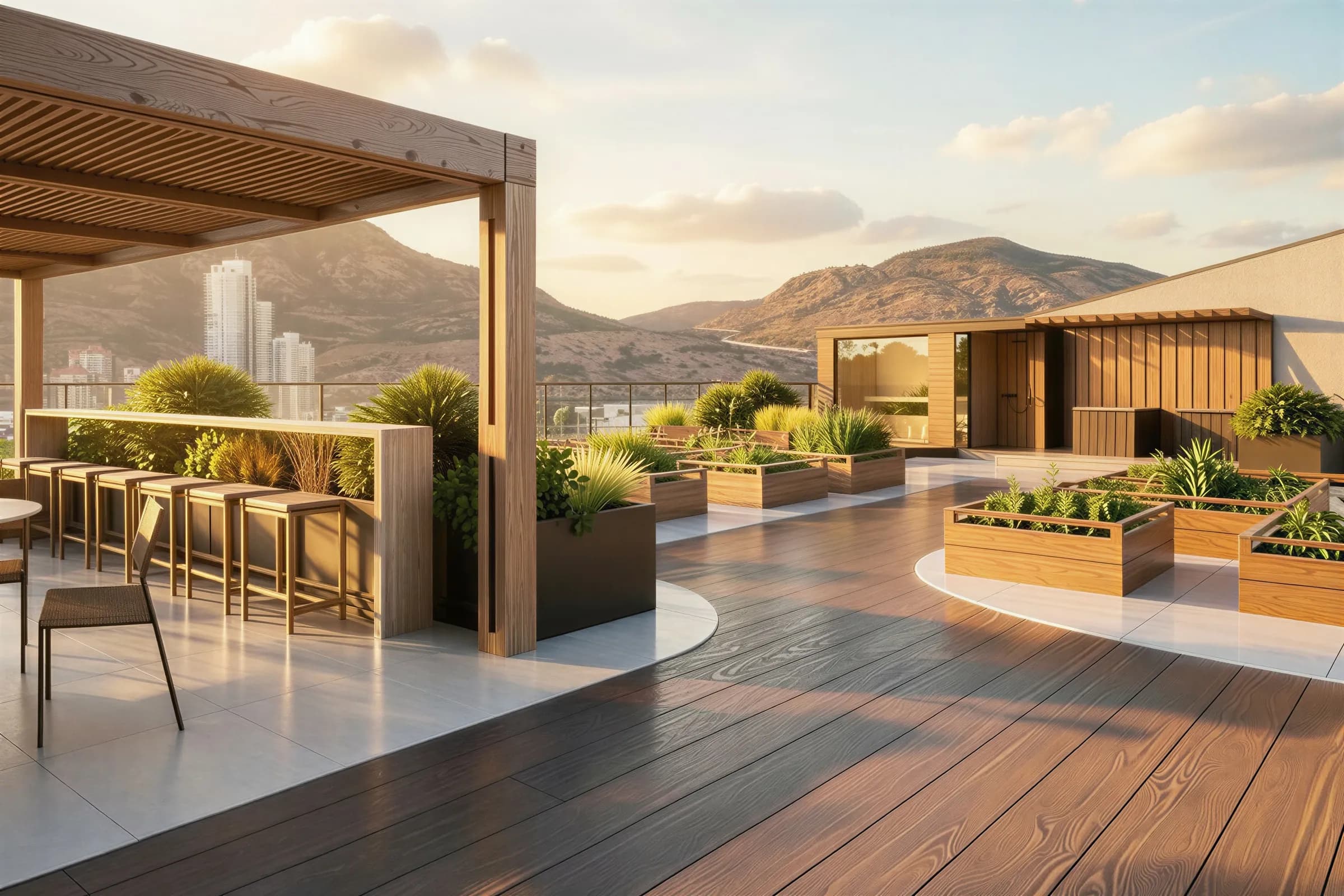 Concept rendering of Serenity's rooftop with sauna, cold plunge, fire-pit lounges and outdoor kitchen